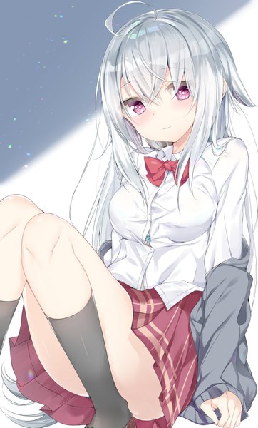 Anime picture 1000x1655 with original shiori (kamioka shun'ya) kamioka shun'ya single long hair tall image looking at viewer blush fringe light erotic hair between eyes sitting purple eyes silver hair ahoge light girl uniform school uniform socks