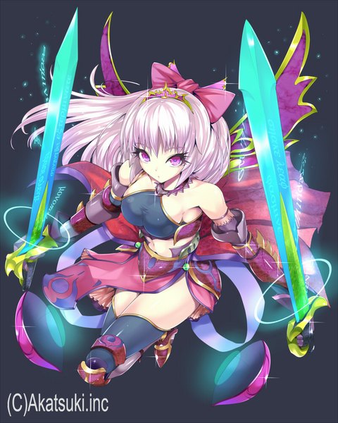 Anime picture 800x1000 with original kasai shin single long hair tall image looking at viewer purple eyes bare shoulders white hair dark background girl thighhighs dress gloves bow weapon black thighhighs hair bow sword elbow gloves