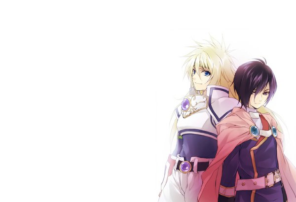 Anime picture 1024x700 with tales of (series) tales of destiny 2 tales of destiny leon magnus stahn aileron ryou kimagure long hair short hair blue eyes simple background blonde hair white background purple eyes purple hair back to back boy uniform armor cloak