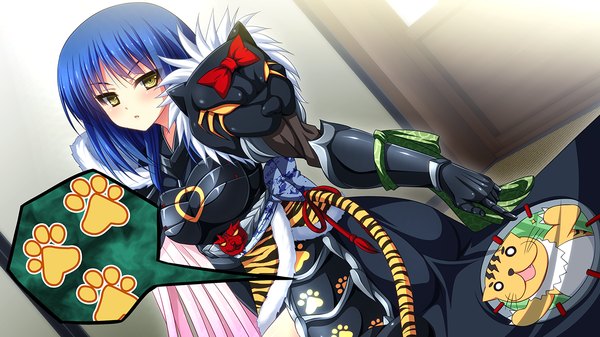 Anime picture 1280x720 with sengoku hime 4 long hair blush wide image yellow eyes blue hair game cg traditional clothes girl gloves bow armor