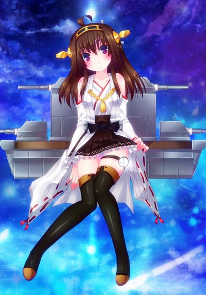 Anime picture 700x1000 with kantai collection kongou battleship door to heaven single long hair tall image looking at viewer blush brown hair purple eyes bare shoulders ahoge traditional clothes nontraditional miko girl hair ornament weapon detached sleeves thigh boots