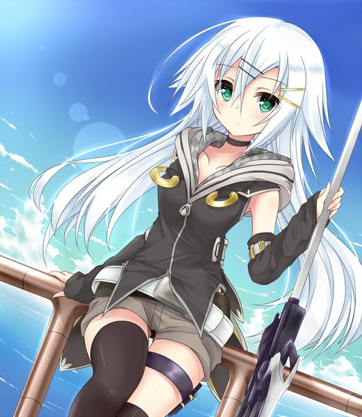 Anime picture 1000x1151 with original chabaneko single long hair tall image looking at viewer blush fringe breasts holding green eyes sky cloud (clouds) white hair zettai ryouiki horizon girl thighhighs hair ornament black thighhighs