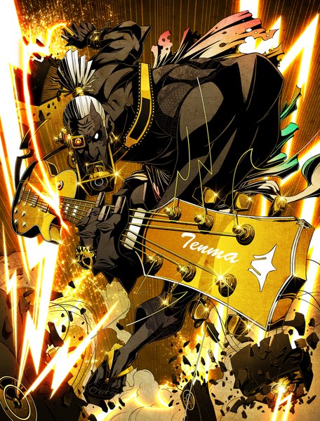Anime picture 1536x2021 with original goddoteiru (artist) single tall image white hair tattoo torn clothes muscle destruction white eyes black sclera mechanical parts samurai old man boy ring musical instrument guitar speakers