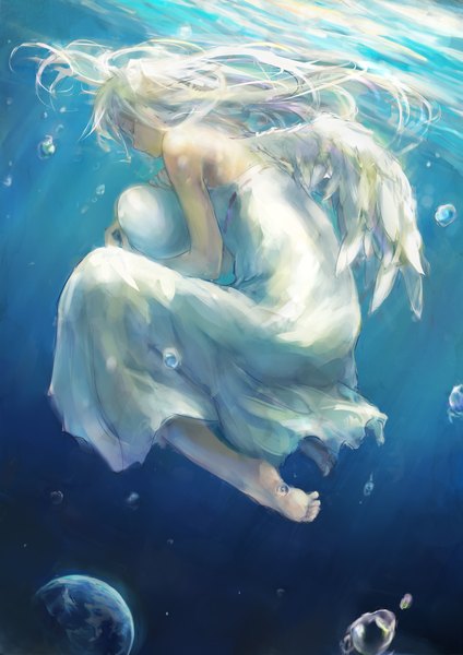 Anime picture 1447x2046 with original toritoritottori single long hair tall image holding bent knee (knees) white hair eyes closed barefoot underwater angel wings girl dress wings white dress egg