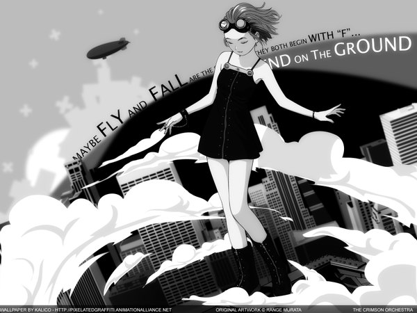 Anime picture 1600x1200 with range murata kalicodreamz single short hair signed cloud (clouds) eyes closed wind grey background wallpaper sleeveless city monochrome spread arms cityscape vector walking girl dress boots