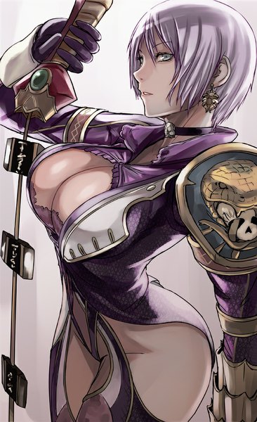 Anime picture 672x1100 with soulcalibur soulcalibur v ivy tea (nakenashi) single tall image short hair breasts light erotic simple background green eyes pink hair cleavage huge breasts girl gloves weapon earrings choker lingerie