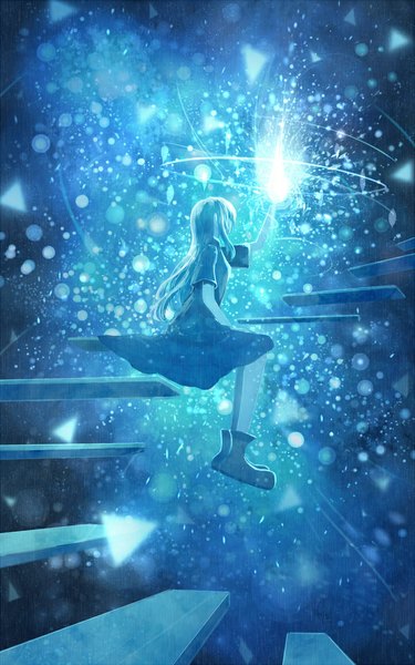 Anime picture 720x1152 with original bounin single long hair tall image sitting magic glowing girl dress boots stairs
