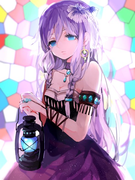 Anime picture 1200x1600 with vocaloid ia (vocaloid) yu jiu single long hair tall image looking at viewer breasts blue eyes standing bare shoulders cleavage purple hair braid (braids) hair flower sunlight alternate costume twin braids girl dress
