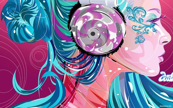 Anime picture 1680x1050 with original incredibledarlz04 (artist) single long hair wide image profile aqua hair tattoo lipstick pink background face eyeshadow girl headphones