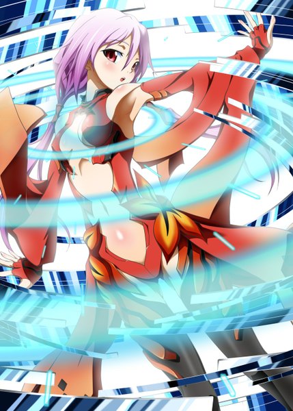 Anime picture 1036x1450 with guilty crown production i.g yuzuriha inori sumeragi tomo single long hair tall image looking at viewer blush breasts open mouth light erotic red eyes pink hair armpit (armpits) center opening girl thighhighs gloves navel