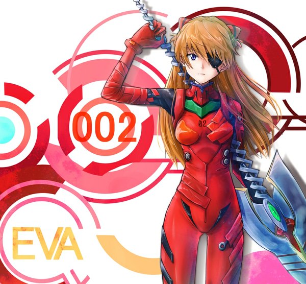 Anime picture 1002x930 with neon genesis evangelion rebuild of evangelion evangelion: 2.0 you can (not) advance evangelion: 3.0 you can (not) redo gainax soryu asuka langley cibo (killy) single long hair looking at viewer blue eyes brown hair inscription girl weapon eyepatch pilot suit