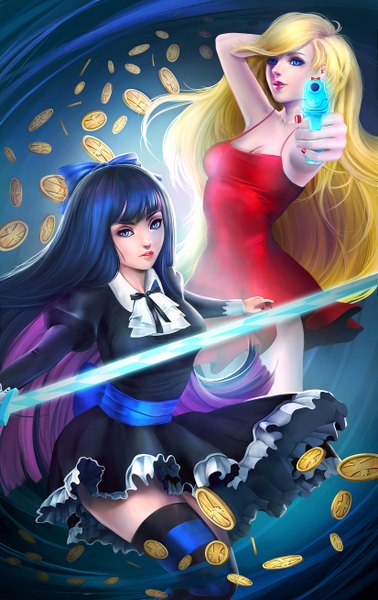 Anime picture 3300x5229 with panty & stocking with garterbelt anarchy stocking anarchy panty yasmine vesalpour inermonster tall image looking at viewer fringe highres breasts blue eyes blonde hair large breasts standing multiple girls holding blue hair pink hair absurdres cleavage