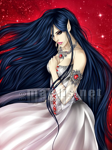 Anime picture 700x936 with original m-aelis single tall image breasts bare shoulders signed blue hair very long hair lips pointy ears silver eyes girl dress choker jewelry