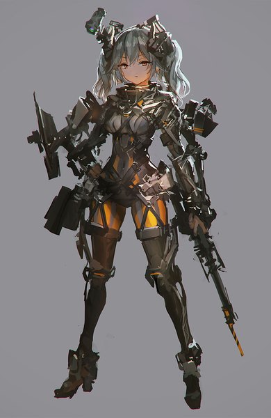 Anime picture 750x1154 with lm7 (op-center) single long hair tall image simple background red eyes standing twintails grey hair grey background hand on hip mechanical girl thighhighs weapon black thighhighs boots armor gun thigh boots
