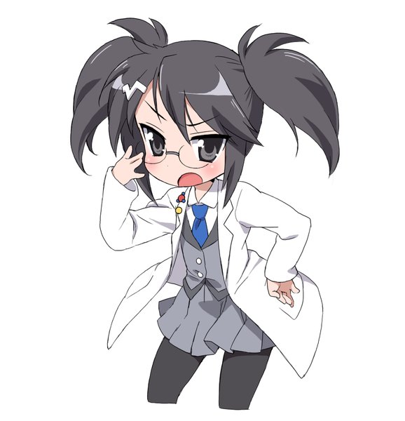 Anime picture 891x925 with pop'n music root@chou dou-ken shouni (sato3) single tall image blush short hair open mouth black hair simple background white background twintails black eyes short twintails girl pantyhose glasses necktie labcoat