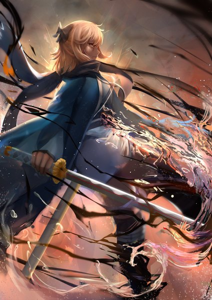 Anime picture 1600x2263 with fate (series) fate/grand order okita souji (fate) (all) okita souji (koha-ace) yuuko single tall image fringe short hair blonde hair holding yellow eyes payot looking away long sleeves profile blurry depth of field zettai ryouiki outstretched arm
