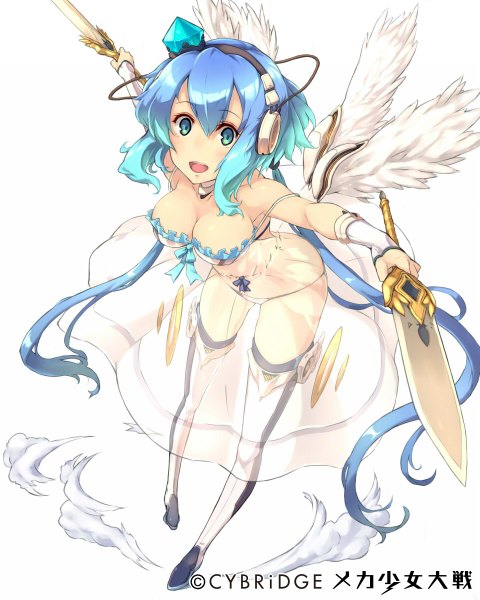 Anime picture 960x1200 with mecha shoujo taisen z vocaloid aoki lapis keypot single tall image looking at viewer breasts open mouth blue eyes light erotic simple background smile white background twintails bare shoulders holding blue hair cleavage very long hair