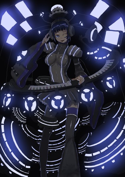 Anime picture 2480x3507 with original hone shoukan (artist) single tall image looking at viewer highres short hair open mouth blue eyes black hair smile standing long sleeves one eye closed wink girl boots headphones thigh boots synthesizer