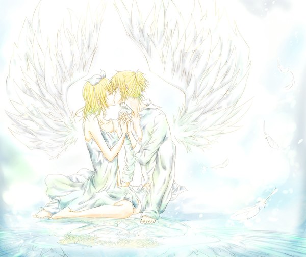 Anime picture 2300x1933 with vocaloid kagamine rin kagamine len kurumi kako long hair highres short hair blonde hair sitting eyes closed open clothes open shirt sleeveless couple kneeling holding hands reflection angel wings face to face kiss