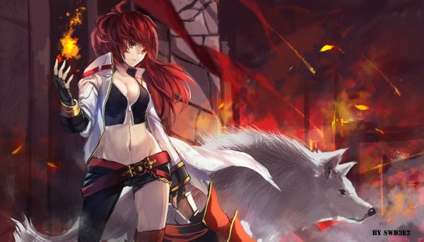 Anime picture 2480x1417 with elsword swd3e2 long hair highres red eyes wide image looking away cleavage red hair open clothes open jacket midriff girl gloves navel animal jacket belt fingerless gloves fire