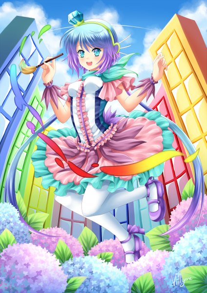 Anime picture 909x1285 with vocaloid aoki lapis villyane single tall image blush open mouth blue eyes smile twintails blue hair pink hair sky cloud (clouds) very long hair multicolored hair two-tone hair girl dress flower (flowers)