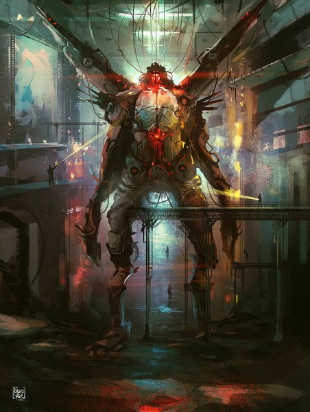 Anime picture 900x1194 with original nacho yague tall image standing mechanical wings giant wings lantern stairs wire (wires) robot people hangar