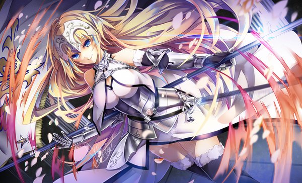 Anime picture 1000x608 with fate (series) fate/grand order jeanne d'arc (fate) (all) jeanne d'arc (fate) tyouya single breasts blue eyes blonde hair smile wide image large breasts bare shoulders very long hair from above fur trim girl thighhighs black thighhighs armor
