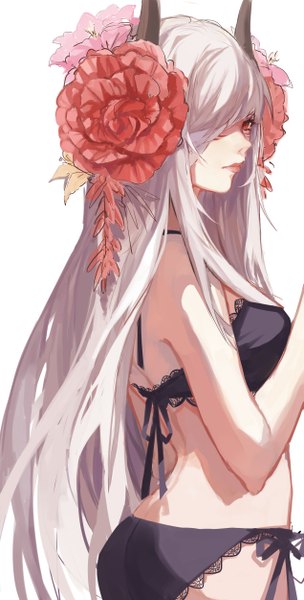 Anime picture 1270x2500 with original kane (kanekiru) single long hair tall image fringe breasts light erotic simple background red eyes standing white background payot looking away ass hair flower horn (horns) lips grey hair hair over one eye