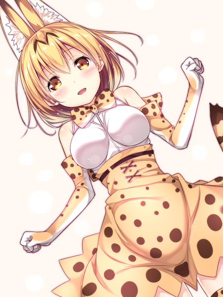 Anime picture 600x800 with kemono friends serval (kemono friends) usume shirou single tall image looking at viewer blush fringe short hair breasts open mouth simple background blonde hair smile hair between eyes bare shoulders animal ears yellow eyes tail :d