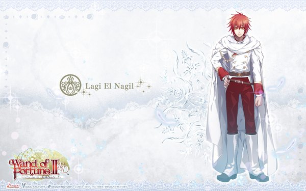 Anime picture 1920x1200 with wand of fortune 2 lagi el nagil usuba kagerou single looking at viewer highres short hair wide image red hair inscription orange eyes wallpaper hand on hip boy boots cloak