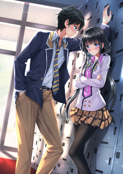 Anime picture 1102x1560 with masamune-kun no revenge silver link adagaki aki makabe masamune swordsouls long hair tall image looking at viewer blush fringe short hair blue eyes black hair standing twintails looking away bent knee (knees) profile pleated skirt arm support
