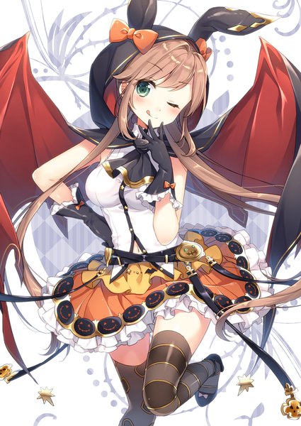 Anime picture 800x1130 with granblue fantasy clarisse (granblue fantasy) masuishi kinoto single long hair tall image looking at viewer blush breasts smile brown hair standing white background green eyes bent knee (knees) one eye closed wink high heels hand on hip finger to mouth