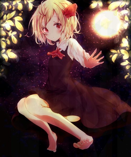 Anime picture 1000x1200 with touhou rumia misa (kaeruhitode) single tall image looking at viewer blush short hair blonde hair red eyes barefoot girl dress