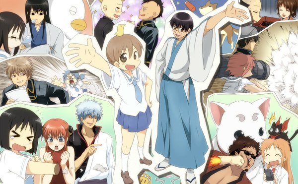 Anime picture 1600x990 with gintama nichijou sunrise (studio) kyoto animation sakata gintoki kagura (gintama) hijikata toshiro okita sougo katsura kotarou shimura shinpachi sakamoto (nichijou) sadaharu elizabeth yamazaki sagaru naganohara mio aioi yuuko shimura tae (otae) shinonome nano minakami mai shinonome hakase