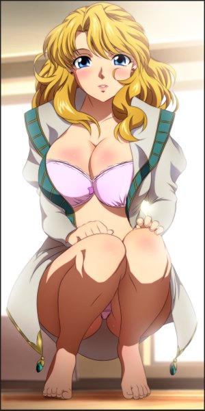 Anime picture 1260x2517 with super robot wars tytti norback yadokari genpachirou single long hair tall image looking at viewer blush breasts blue eyes light erotic blonde hair large breasts sitting girl underwear panties lingerie bra