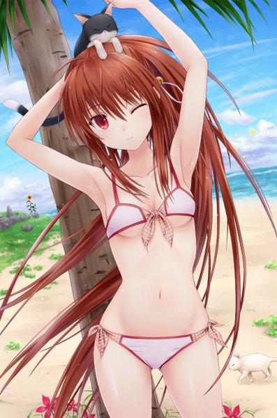 Anime picture 980x1480 with little busters! key (studio) natsume rin n.g. single long hair tall image light erotic red eyes brown hair bare shoulders sky ponytail one eye closed wink bare belly armpit (armpits) beach arm behind head girl