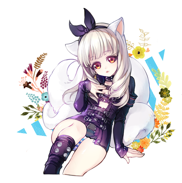 Anime picture 1000x1008 with blade & soul lyn (blade & soul) cm long hair tall image looking at viewer fringe light erotic simple background red eyes white background animal ears yellow eyes bent knee (knees) white hair tail animal tail pantyshot girl underwear