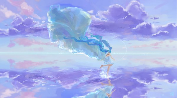 Anime picture 1500x833 with vocaloid hatsune miku mikan (artist) single fringe blue eyes wide image bare shoulders blue hair looking away sky cloud (clouds) bent knee (knees) very long hair barefoot hair over one eye bare legs no shoes reflection leg lift (legs lift)
