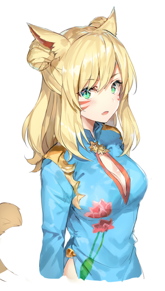 Anime picture 500x875 with final fantasy final fantasy xiv square enix miqo'te momoko (momopoco) single long hair tall image looking at viewer blush fringe breasts open mouth simple background blonde hair hair between eyes white background green eyes animal ears payot