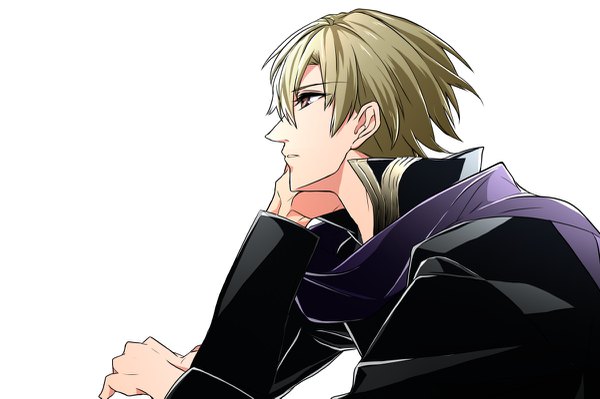 Anime picture 1200x799 with fire emblem fire emblem: the binding blade perceval (fire emblem) 3a3a3asa single fringe short hair blonde hair simple background hair between eyes white background brown eyes looking away upper body profile chin rest boy jacket scarf