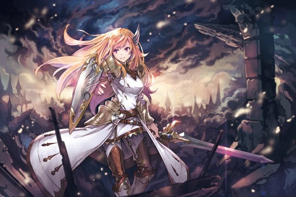 Anime picture 900x600 with original sogdin single long hair fringe blonde hair smile holding looking away sky cloud (clouds) pink eyes wind sunlight smoke sunbeam head wings ruins destruction girl