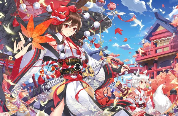 Anime picture 1701x1116 with touhou shameimaru aya inubashiri momiji fengsao hua tanzhang looking at viewer blush highres short hair red eyes brown hair multiple girls animal ears looking away sky cloud (clouds) white hair tail traditional clothes japanese clothes animal tail