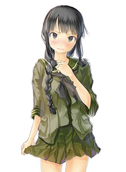 Anime picture 800x1093 with original yae (mono110) single long hair tall image looking at viewer blush black hair simple background standing white background twintails brown eyes braid (braids) pleated skirt embarrassed single braid short twintails girl skirt