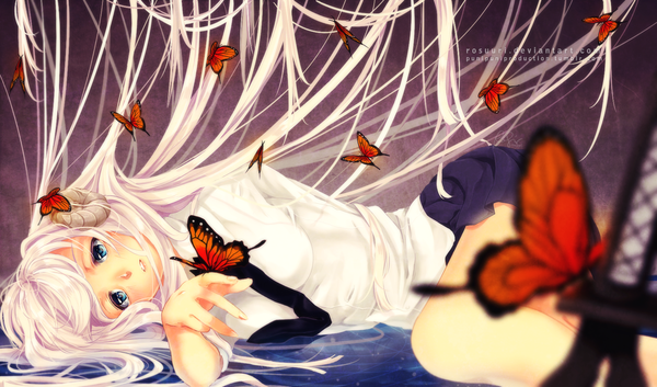 Anime picture 1300x765 with original rosuuri single long hair looking at viewer open mouth blue eyes wide image white hair lying floor girl skirt water necktie insect butterfly