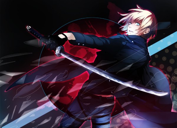 Anime picture 1300x944 with shingeki no kyojin production i.g armin arlert saito yukihiro single short hair open mouth blue eyes blonde hair holding looking back dual wielding boy gloves weapon sword belt katana thigh strap debris