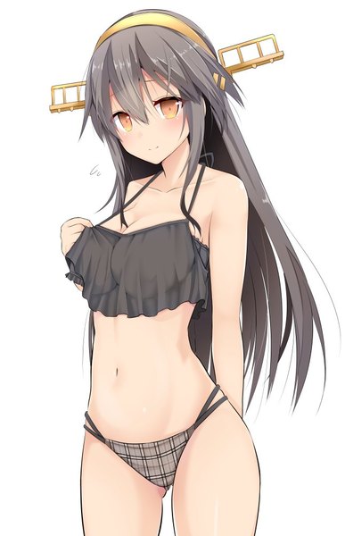 Anime picture 646x1000 with kantai collection haruna battleship takeyuu single long hair tall image looking at viewer blush fringe breasts light erotic simple background hair between eyes large breasts white background brown eyes light smile grey hair underwear only ass visible through thighs
