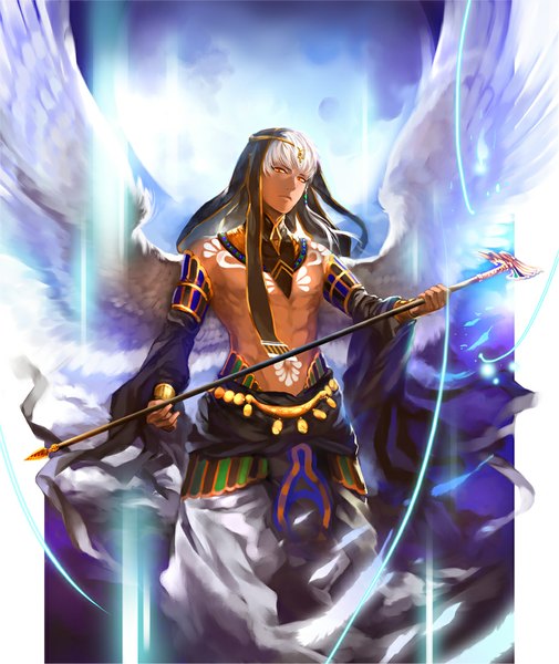 Anime picture 926x1100 with kamigami no asobi brains base (studio) thoth caduceus mori single tall image looking at viewer fringe short hair standing holding white hair wide sleeves orange eyes dark skin glowing muscle white wings bodypaint boy