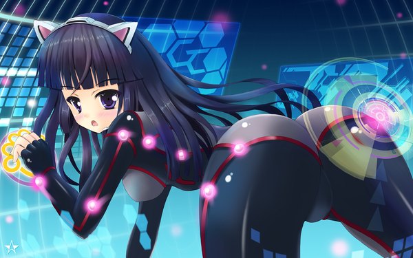 Anime picture 2560x1600 with guilty crown production i.g tsugumi staryume single long hair blush highres open mouth light erotic black hair wide image purple eyes animal ears ass looking back cat ears girl bodysuit