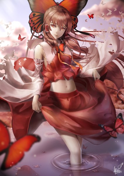 Anime picture 3508x4961 with touhou hakurei reimu lepus single long hair tall image looking at viewer highres red eyes brown hair absurdres sky cloud (clouds) insect wings butterfly wings girl dress skirt navel hair ornament
