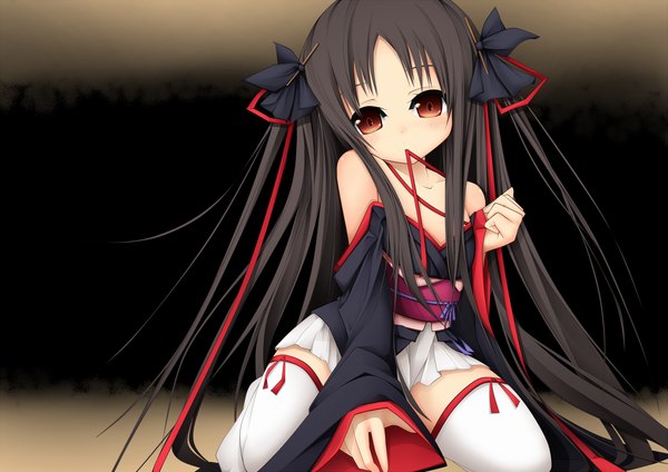 Anime picture 1200x848 with machine-doll wa kizutsukanai yaya (machine-doll) hito kakeratsu (artist) single long hair looking at viewer blush light erotic black hair sitting twintails bare shoulders brown eyes long sleeves traditional clothes japanese clothes girl thighhighs ribbon (ribbons) hair ribbon